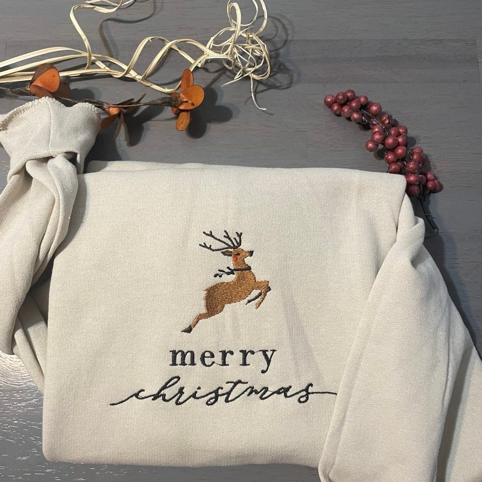Merry Christmas Deer Embroidered Sweatshirt Shirt Merry Christmas Deer Embroidered Sweatshirt Shirt