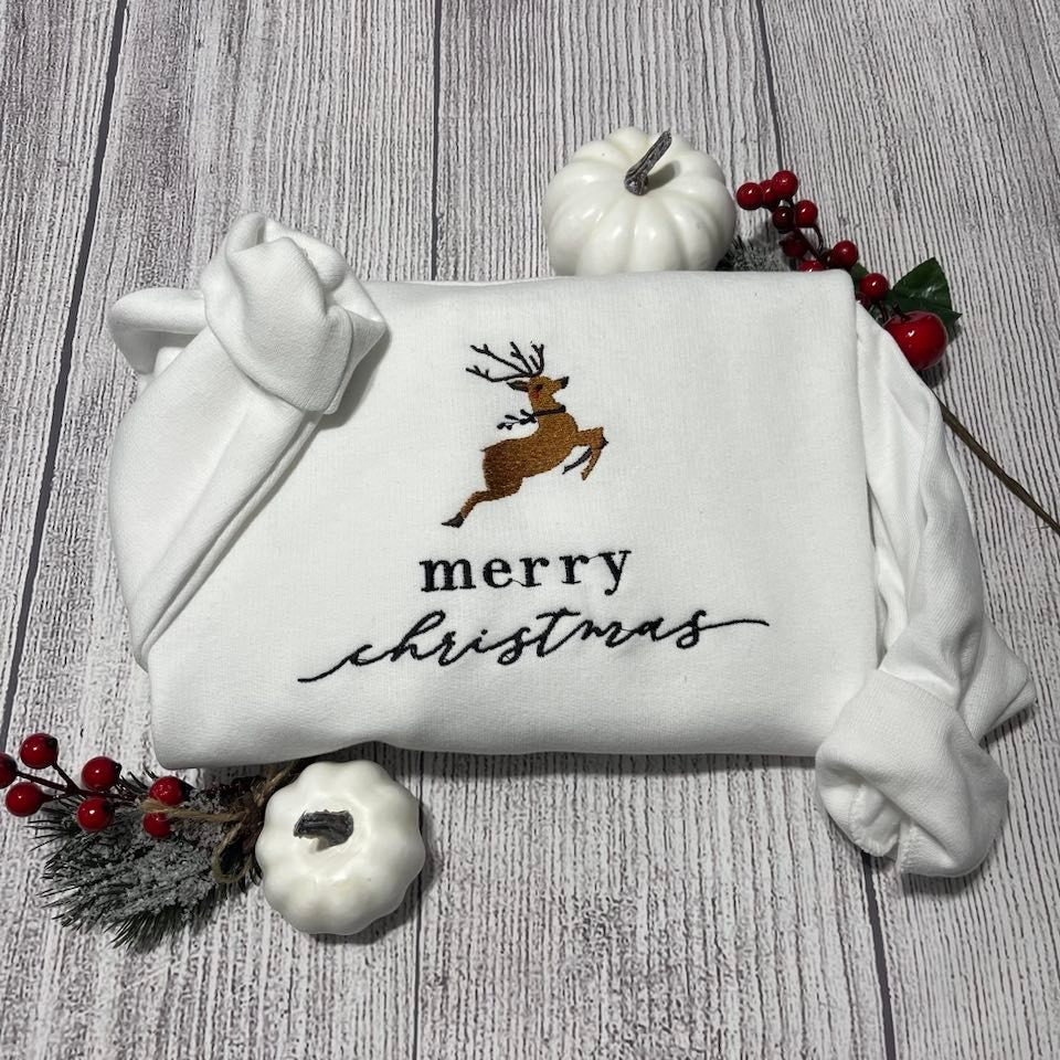 Merry Christmas Deer Embroidered Sweatshirt Shirt Merry Christmas Deer Embroidered Sweatshirt Shirt