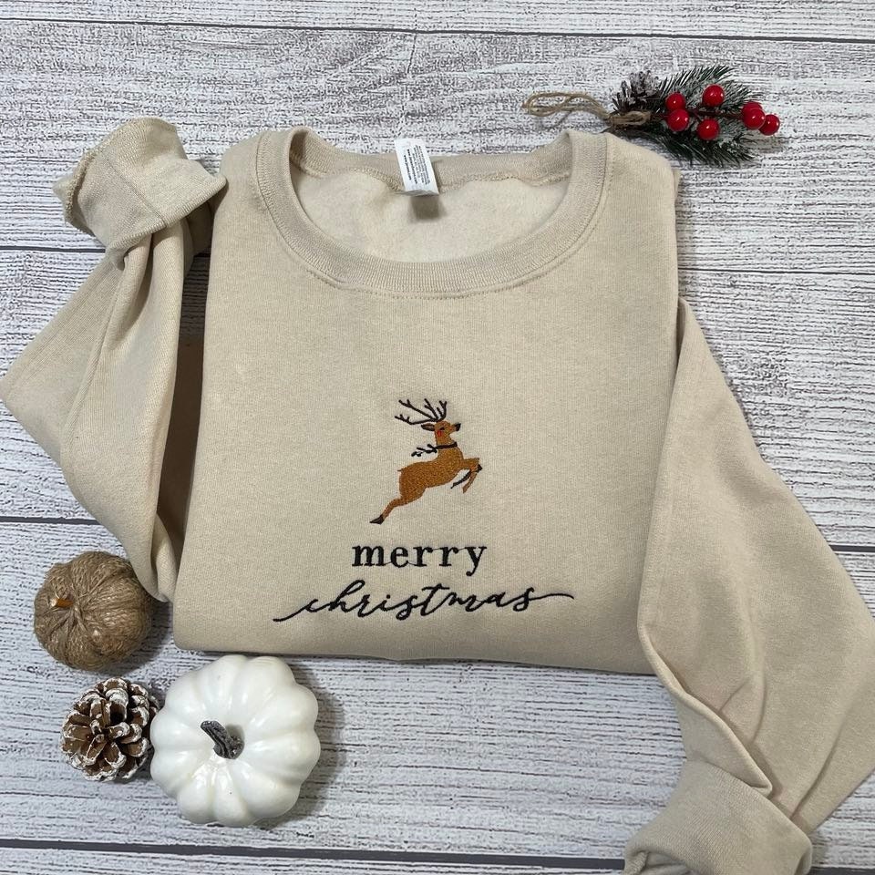 Merry Christmas Deer Embroidered Sweatshirt Shirt Merry Christmas Deer Embroidered Sweatshirt Shirt